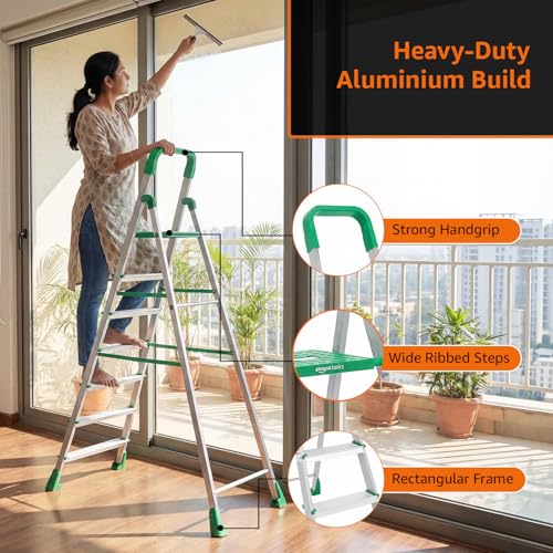 Image of Amazon Basics Clamber Pro - Foldable Step Ladder, Firm Grip, 7 Steps (Aluminium Steps, Green & Satin)