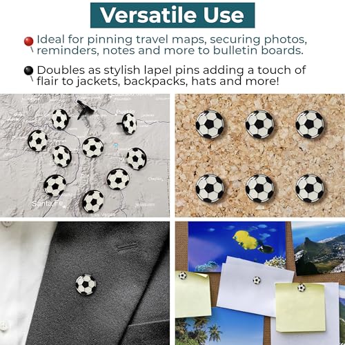 Image of Soccer Ball Push Pins, for Cork Board, Maps, or Lapel Pin Use, Designed in The USA, Soccer Ball Pins, Set of 10
