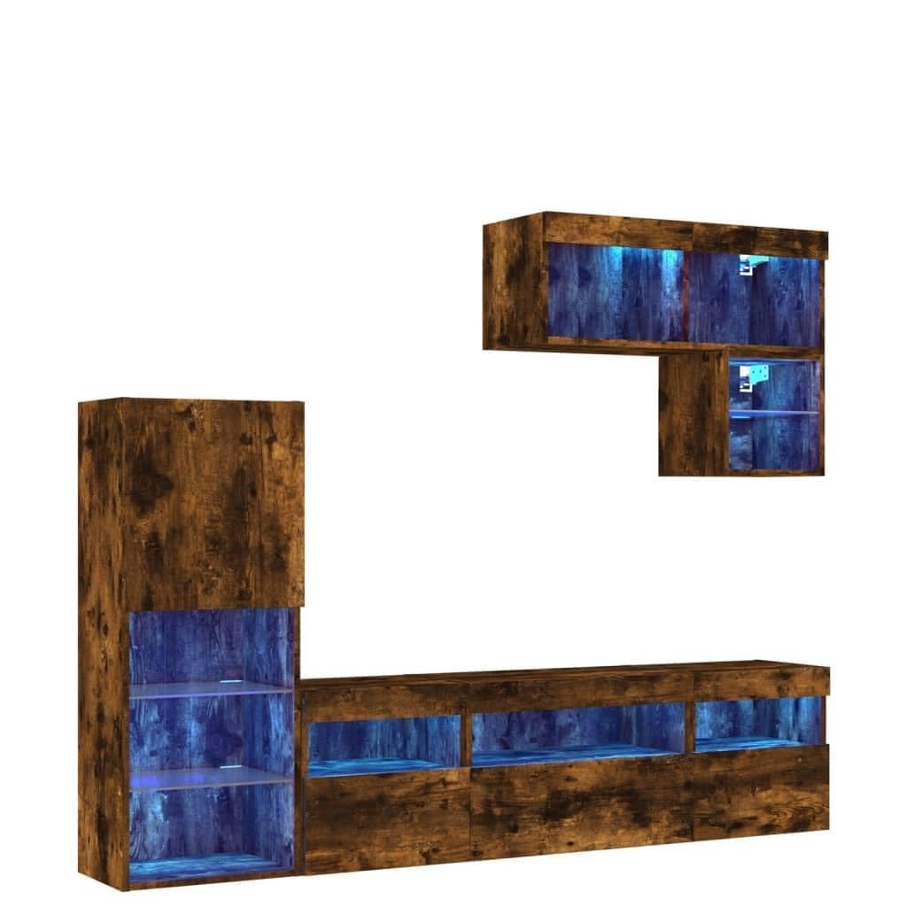 Juego de 6 muebles de pared para TV, madera de roble ahumado, con iluminación LED RGB, montaje en pared, ofrece un amplio espacio de almacenamiento para libros y medios, versátil como pared de