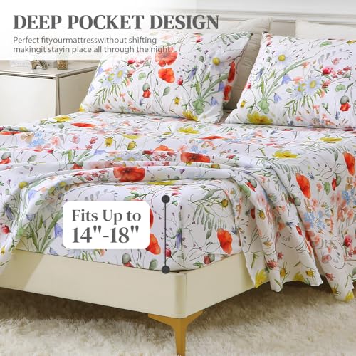 Image of MUXHOMO King Size 4 Piece Sheet Set, Soft & Breathable Sheet Set for Bedroom with Deep Pocket Up to 16 inch, Wrinkle-Free & Cooling Bed Sheets with Flat Sheet, Fitted Sheet & Pillowcases - Spring Flower