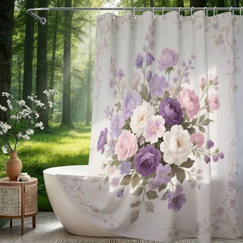 Rideau de douche anti moisissure et imperméable en polyester à fleurs roses