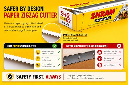 Image of SHRAM Aluminium Foil 9 Meter + 2 Meter Free | 11 Micron Food Grade Kitchen Foil Roll | Safe Paper Zigzag Cutter | Multipurpose Foil for Home, Hotel & Restaurant Use | Baking, Grilling & Food Wrapping