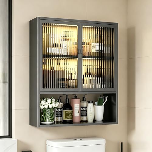 Image of Bathroom Wall Cabinet with Glass Doors,Metal Over The Toilet Storage,Black | Modern Fluted Bathroom Wall Cabinet with LED Light&Shelves,Space-Saving,Wall Cabinet for Laundry Room,Living Room