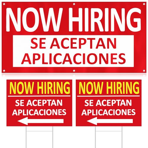 Bannière Now Hiring et panneaux bilingues pour recruter rapidement du personnel de magasin