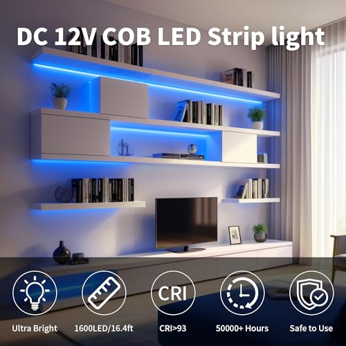 ShineBurky Blue COB LED Strip Lights, 5M Super Bright Cuttable Tape Lights with Plug - Image 2