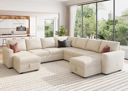 Image of HONBAY Modular Sectional Sleeper Sofa with Pull Out Couch, Oversized U Shaped Sleeper Pull Out Bed with Storage Sectional Couches for Living Room - Beige