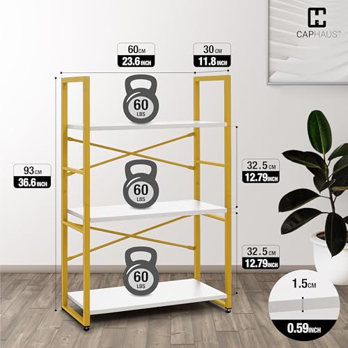 Image of CAPHAUS 3 Tier Small Bookshelf, 24 Inch Width Free Standing Shelf, Bookcase Shelf Storage Organizer, Industrial Book Shelves for Home Office, Living Room, White Wooden Shelves & Gold Frame