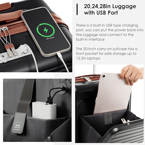Carry on Luggage with Front Pocket, Hard Shell Suitcase with USB Port and Cup Holder, Lightweight Rolling Luggage with Expandable Travel Bag (Black, 3 Piece Set)2