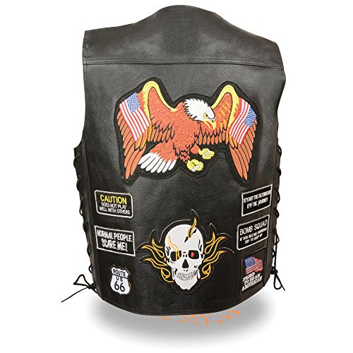 Men's Motorcycle Classic PRE- Patches Real Leather Vest Side Laces Black New