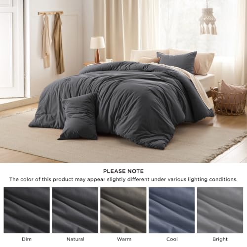 Image of Bedsure PureWoven Cotton Comforter Set Prewashed, King, Charcoal Grey | Cotton Fabric, Microfiber Inner Fill, Soft, Breathable, Natural Wrinkle, 1 Comforter(104 inch X 90 inch), 2 Pillow Shams(20 inchx26 inch)