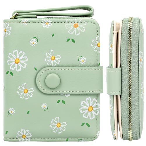 Farcauo Portemonnaie Damen Geldbeutel Frauen Geldbörsen Klein Damen Portemonnaie Mini Geldbörse Grüne Blumen Design Geldbörsen Frauen mit Ausweisfach und Kartenhüllen Klein Portmonee