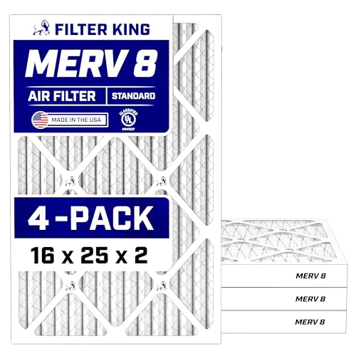 Filter King 16x25x2 Air Filter (MERV 8) (4-Pack) Dust & Allergy Control AC Furnace Filters MADE IN USA HVAC Pleated Electrostatic (Actual Size: 15.5 x 24.5 x 1.75)