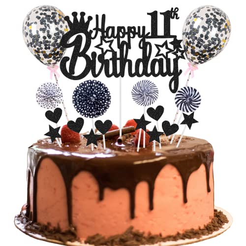 Décoration de gâteau 11 ans Happy 11th Birthday - Fille Garçon 11 ans - Noir Paillettes