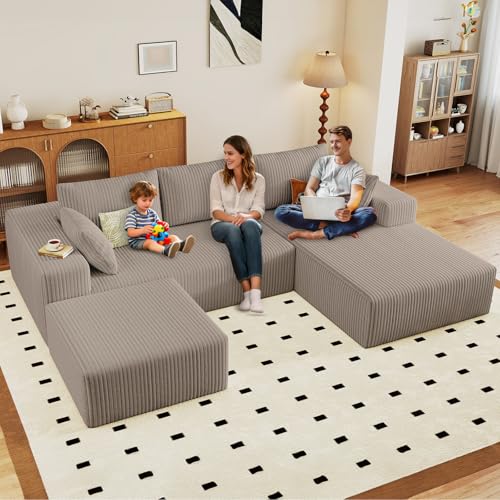 Image of 96 inch U-Shape Cloud Couch, Modern Modular Sectional L-Shape Sofa with Ottoman, Corduroy Upholstered Couches Deep Seat Chaise Longue for Living Room, No Assembly Required(Camel, Right Facing)