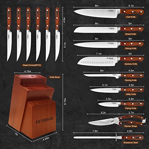 FETERVIC Knife Set 16 PCS High Carbon Kitchen Knife Sets Wooden Block