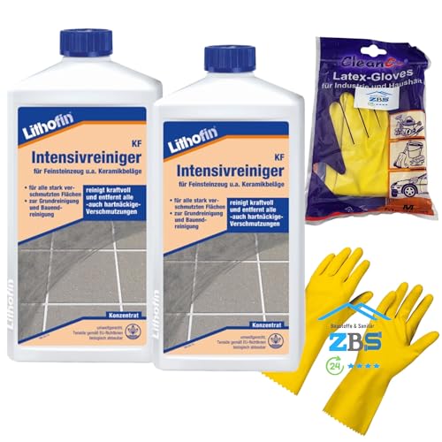 zbs24 Lithofin KF Intensivreiniger, Grundreiniger und regelmäßiger Unterhaltsreiniger, stark beanspruchter Flächen aus keramischen Fliesen und Feinsteinzeug, inkl. Latex Handschuhe Gr. 8 (2 Liter)