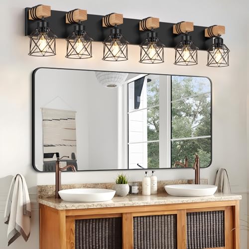 Image of FadimiKoo 6-Light Farmhouse Bathroom Lighting Fixtures, Wood Black Vanity Lights Over Mirror, Rustic Wall Sconces Lighting with Metal Lampshade, Vintage Wall Lights for Bedroom, Living Room, Hallway