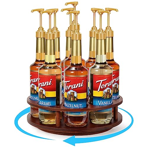 THYGIFTREE Large Rotating Coffee Syrup Organizer 9 Bottles Coffee Syrup Rack for Countertop Wood...