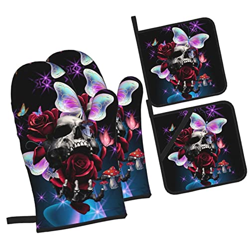 Skull Flowers Mushroom Butterflies Oven Mitts Heat Resistant Kitchen Oven Gloves With 2 Pot Holders Bbq Gloves For Kitchen Thanksgiving #TOP6