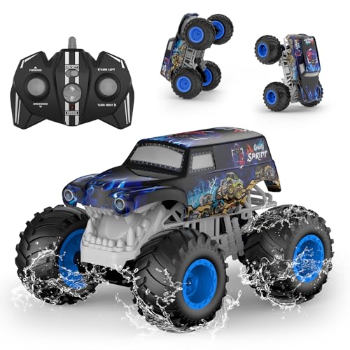 1:14 Waterproof RC Truck, Front & Rear Wheelie Monster Truck, 4WD Amphibious Hobby Toy with LED Light, All Terrain Off-Road Stunt Toy for 4 5 6 7 8 9 10 11 12 Year Old Boys Girls