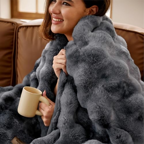 Bedsure GentleSoft Fluffy Faux Fur Blanket Twin Size, Fuzzy Soft Bubble Blanket for Couch, Faux Fur Decor for Home Bedroom Living Room, Thick Furry Cozy Gifts for Women, Tie-dye Grey, 60x80 Inch