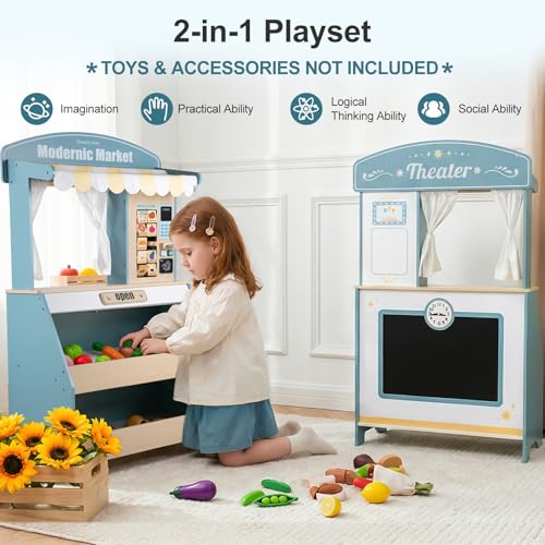 DREAM BUILDING Kids Grocery Store Pretend Play, Puppet Theater&Grocery Store Playset Toy Double-Sided, Toddler Supermarket Toy Cash Register w/Blackboard, Display Shelves, Gift for Boys Girls, Blue - Thumbnail 2