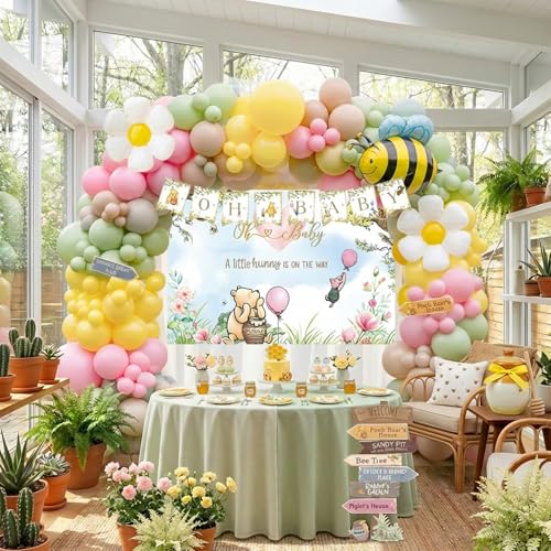 Winnie Balloon Arch Kit with Arrow Signs Banner backdrop Bee daisy Balloon for Classic Bear theme Decorations pink and Yellow Balloons for Honeycomb Bear Birthday Decorations girl Baby Shower supplies