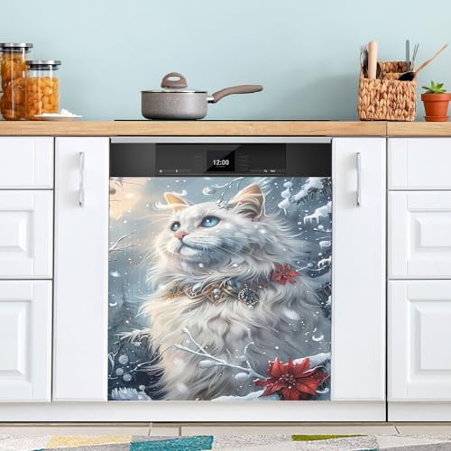 Cubierta magnética para lavavajillas, paisaje nevado, gato, Navidad, decoración del hogar, fundas decorativas para refrigerador, 58 x 66 cm