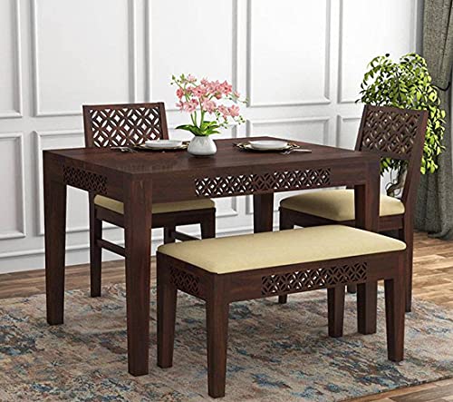 LALITA HANDICRAFT Sheesham Wood CNC 4 Seater Dining Table Set with 2 Cushion Chairs and 1 Bench for Living Room | Wooden Furniture 4 Seater Dining ROM Sets – (Walnut Finish)