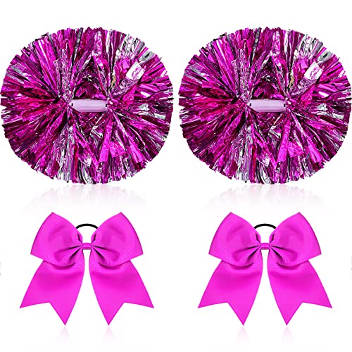 Canlierr 4 Pcs Cheerleading Pom Poms with Baton Handle and Cheerleader Hair Bows, 14 Inch Metallic Cheer Supplies for School Team Spirit Sports Dance Cheering(Rose Red)