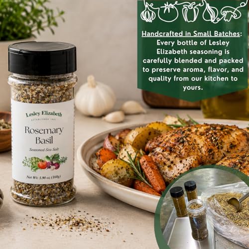 Image of Lesley Elizabeth Rosemary & Basil Seasoned Sea Salt Seasoning - Aromatic Herb & Sea Salt Blend - 8.4 oz (250 ml) PET Shaker Bottle for Poultry, Vegetables & Marinades