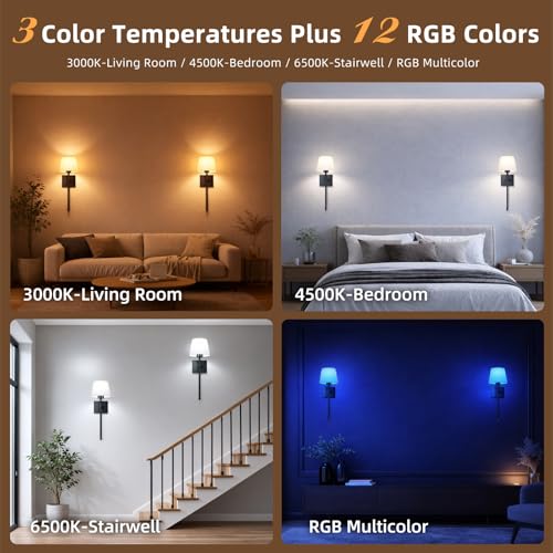 Image of Rechargeable Battery Operated Wall Sconces Set of 2, Black Wireless Fabric Shade Wall Sconce with Remote Control, Dimmable RGB Color Changing Wall Lamp for Bedroom Living Room Hallway, 20.47 inch Tall
