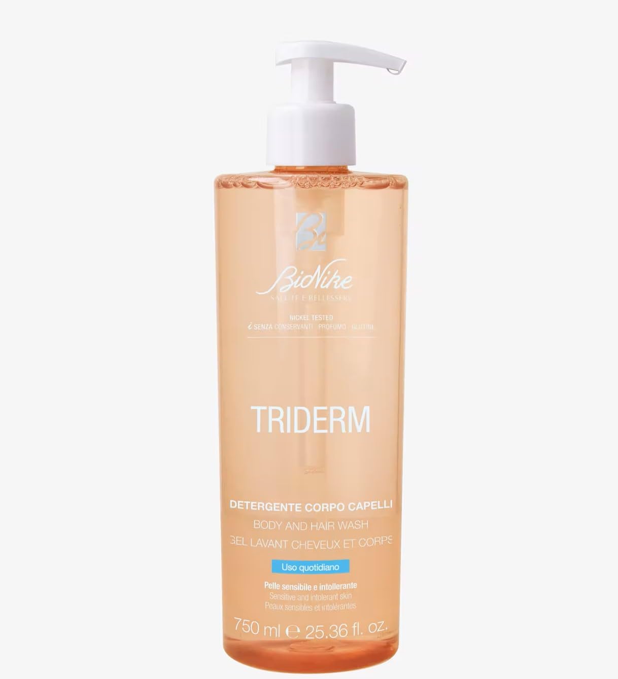 BioNike Triderm - Gel Doccia Delicato Corpo e Capelli, per la Detersione Quotidiana di Cute e Cuoio Capelluto, pH Fisiologico, Indicato per Pelli Sensibili, Adatto a Tutta la Famiglia, 750 ml
