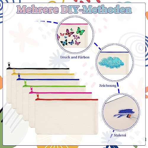 Bestomrogh 12 Stück Leinwand Federmäppchen zum Bemalen, Mehrfarbige DIY Blanko Stoffbeutel mit 12 Farbigen Stiften und 4 Zeichenvorlagen für Reisen Schule Kindergeburtstag Basteln