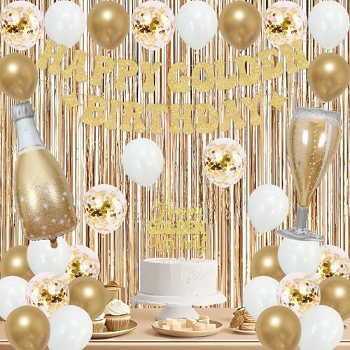 Image of Trgowaul It's My Golden Birthday Decorations for Women Girls, Banner, Sash and Crown, Cake Topper, Latex Balloons Fringe Curtains, Champagne Gold Happy Birthday Party Supplies