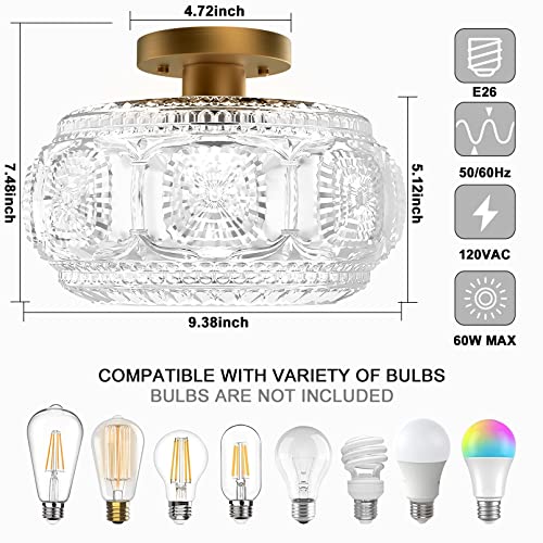 Image of Globe Glass Semi Flush Mount Ceiling Light Fixture, Vintage Gold