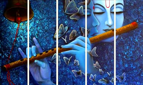Image of KYARA ARTS Radha Krishna Wall Painting for Living Room Big Size with Wooden Frame | Premium Vinyl Print with Textured Finish | 5 Panel Framed Wall Hanging Art for Home Decor & Office (50 x 30 Inch)