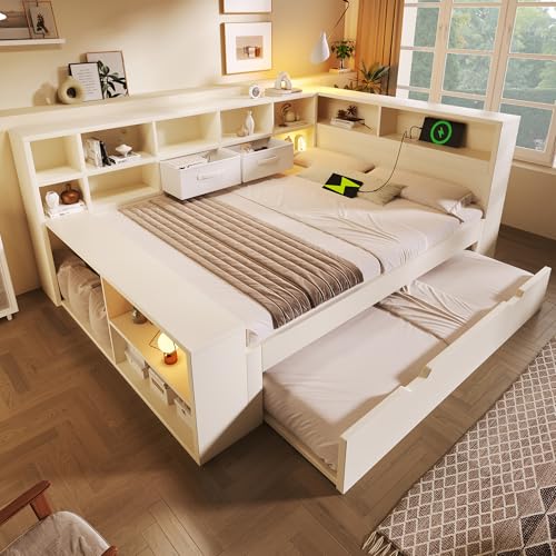 Huayz Sofá cama de 140 x 200 cm, cama de madera con cama nido, cama doble con puertos de carga USB/Type-C y espacio de almacenamiento, dos cajones, cama juvenil con somier, sin colchón, blanco (140 x