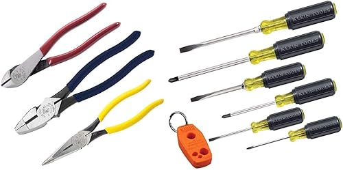 Klein Tools 80020 Juego de herramientas con alicates Lineman, 3 piezas y Klein Tools 85146 Juego de destornilladores con magnetizadordesmagnetizador