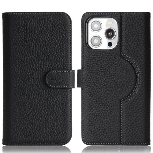 Image of Detachable Genuine Leather Case for iPhone 16 Pro Max Wallet Case Magnetic 2in1 Removable Flip Cover Book Purse Compatible with Magsafe Charging Kickstand Card Holder-Black