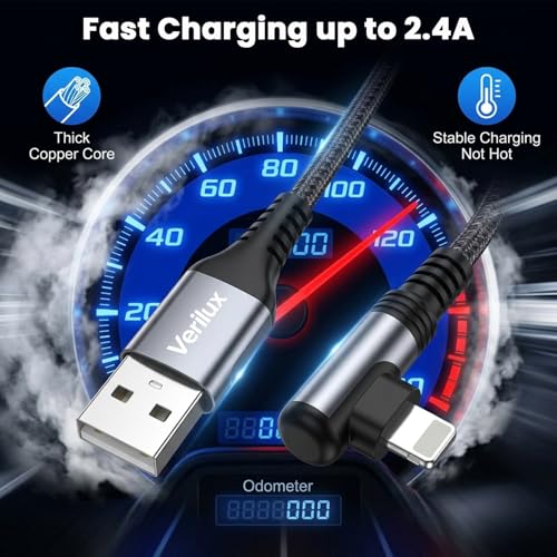 Image of Verilux 6.6FT Right Angle Lighting Cable, 12W USB A to Lighting Cable with 480Mbps Data Synch, Aluminum Alloy Housing & Nylon Braided for iPhone 14 /13 /12, iPad, AirPods