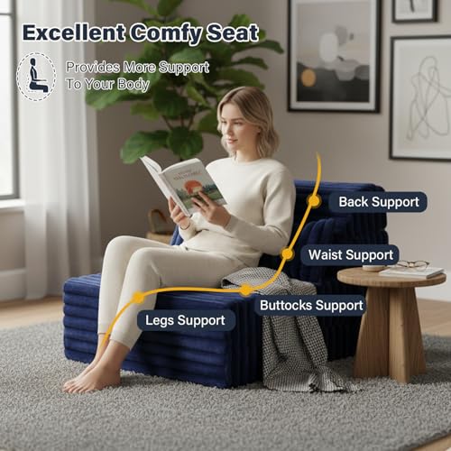 Image of Tiita Folding Sofa Bed Convertible Sleeper Chair Mattress with Pillow & Side Pocket, Thick Corduroy Floor Mattress Couch Bed, Single Size, Navy