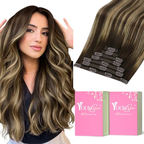 Image of YoungSee Balayage Clip in Hair Extensions 120G Brown Hair Extensions Clip ins Balayage Dark Brown Mix Caramel Blonde Clip in Extension Real Human Hair Work with Different Hair Types 14 Inch 7 Pieces