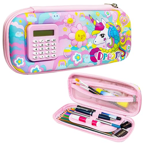 Image of VGRASSP Stationery Pencil Pouch for Kids with Mini Calculator - Unicorn Theme Zipper Case with Multi Storage Compartments - School Supplies Organizer - Multicolor