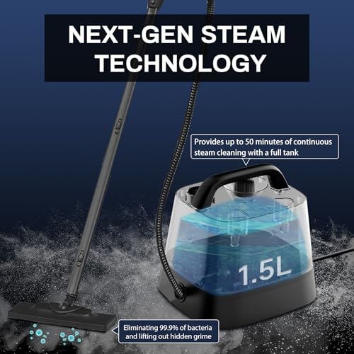 Image of Steam Cleaner with 24-Piece Attachments, Multipurpose Steamer Mop for Home, Floor, Car, Grout, Tile, Furniture, Carpet, Couch, Window, Wall, Upholstery, Oven Grease, Canister, 1.5L Tank