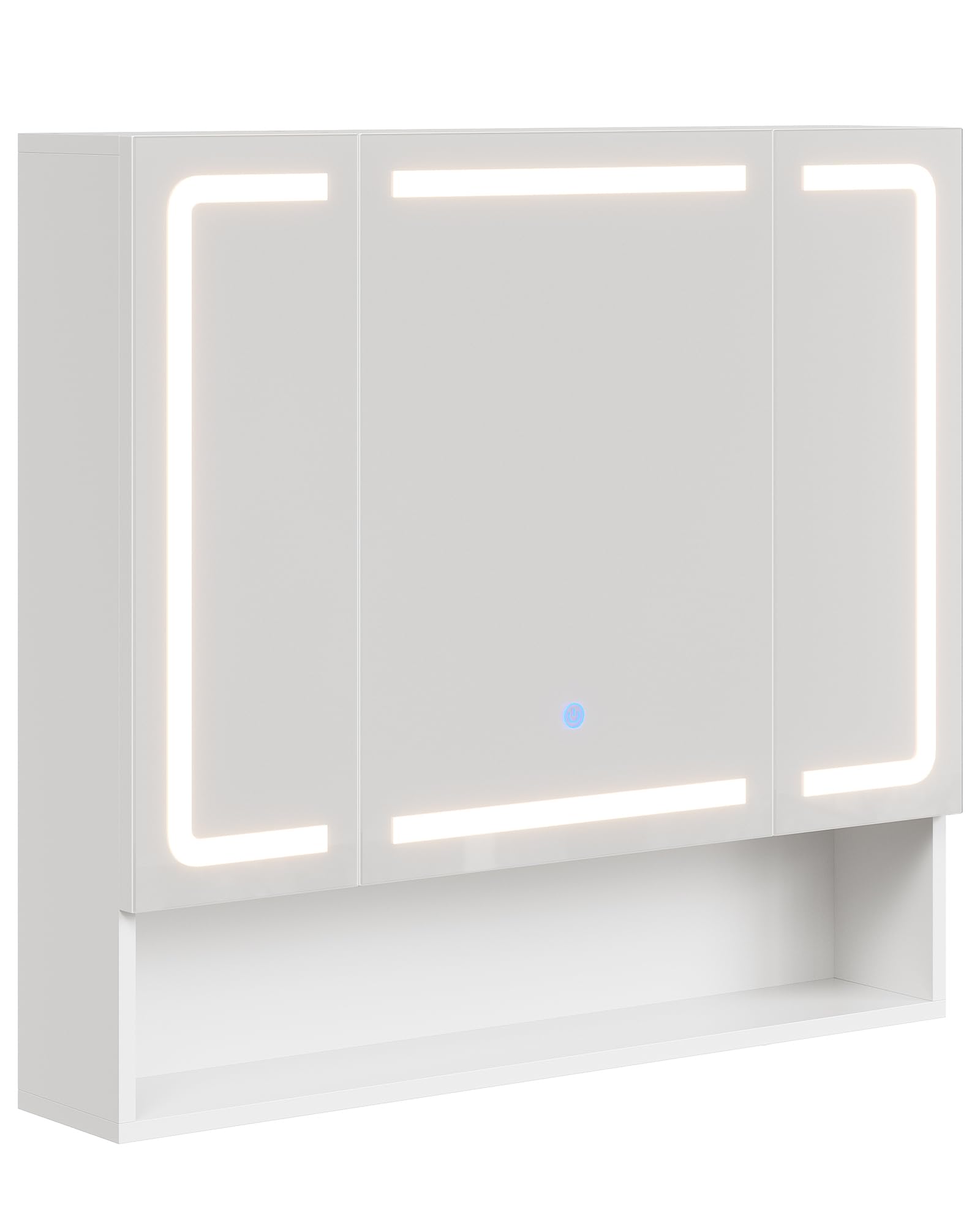 Armario con espejo, armario con espejo para baño con iluminación y enchufe, 3 puertas y estantes ajustables, 3 temperaturas de color regulables