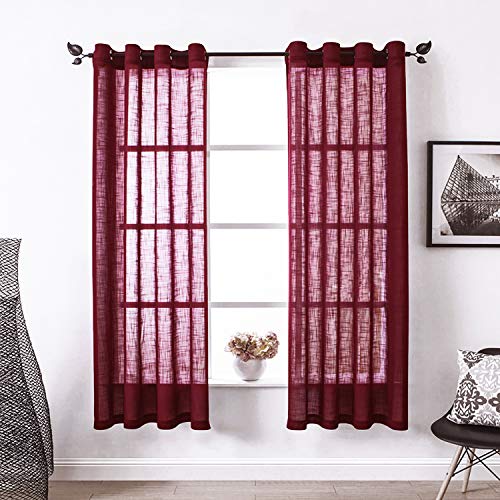 HWY 50 Faux Linen Textured Decorative Window Curtains for Living Room Bedroom Farmhouse , Grommet Wine Red Semi Sheer Window Drapes 52x84 inches 2 Panel Sets, 52 inches Wide, 84 inches Length