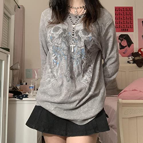 Women Vintage Fairy Grunge Y2K Long Sleeve Shirt Skull Graphic Printed Gothic Tee Tops Aesthetic Harajuku Tops4