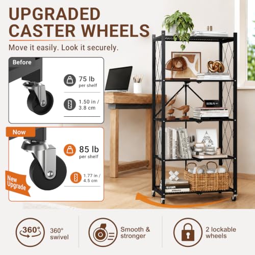 Image of black leopard 5-Tier Foldable Metal Storage Shelf with Wheels, Black | Foldable Design; 85 lb Capacity per Shelf; Preassembled Frame; Lockable Casters; Reinforced Metal Construction