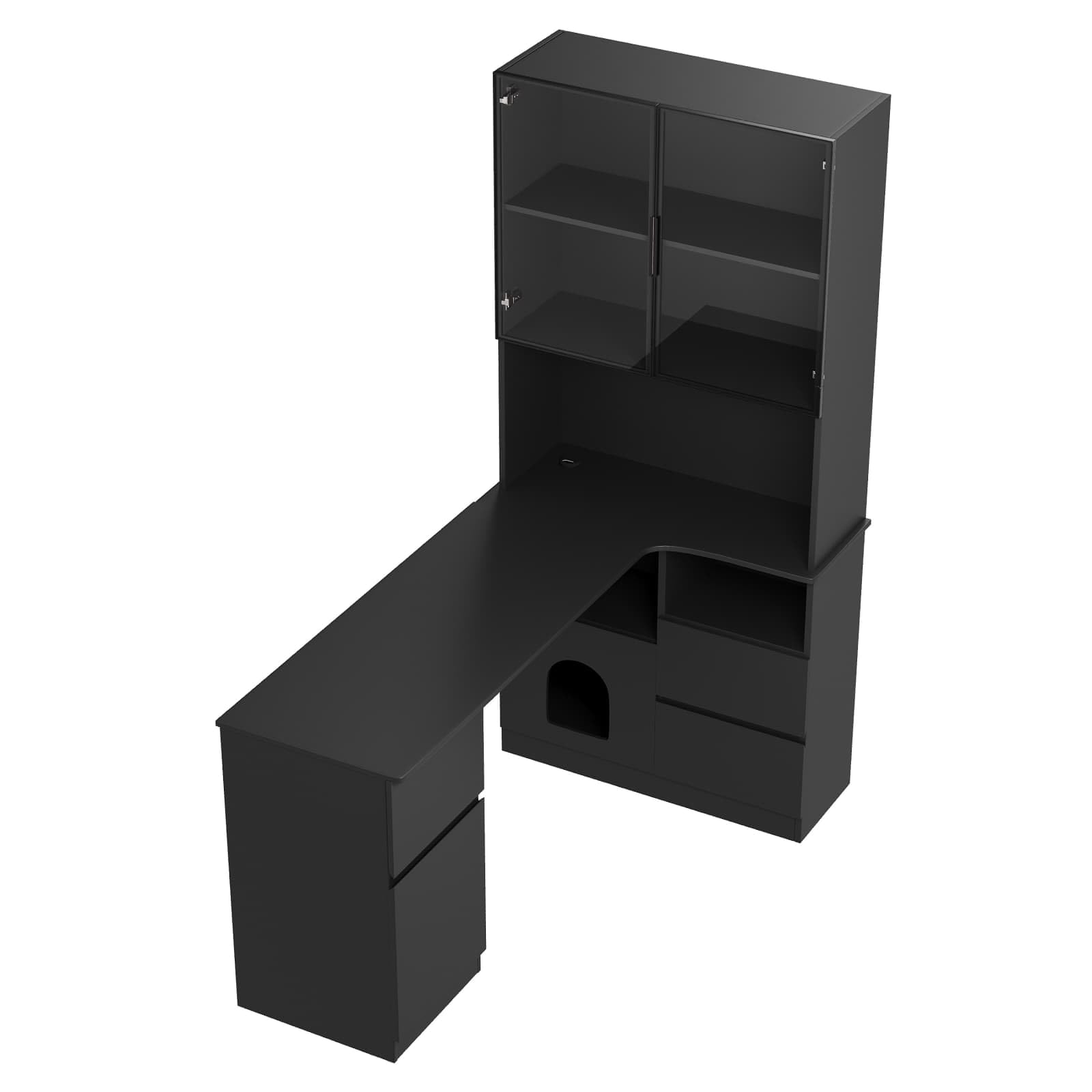 KOMHTOM Bureau d'angle Droit avec Vitrine LED Table Informatique 3 Tiroirs Étagères et Niche pour Animaux Meuble Rangement Noir(Noir Mat Gamer avec LED - Angle Droit)